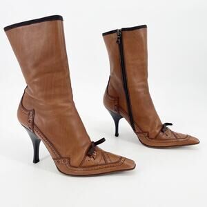 Prada Vintage Brown Leather Pointed Toe Bow Detail Mid Calf Heeled Boot IT 37
